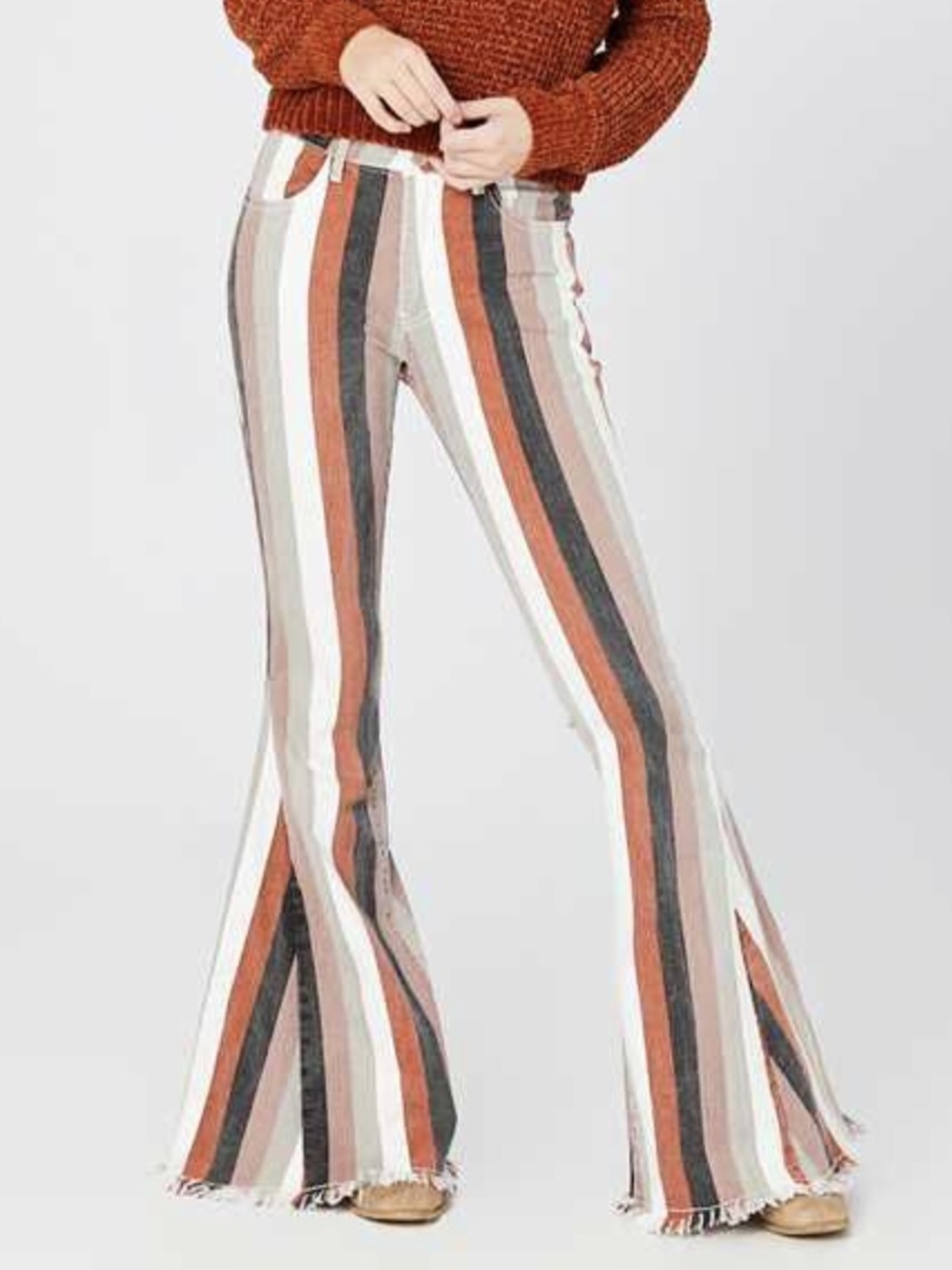 ARULA Rust Multi Vertical-Stripe Super Flare Fall Jeans 14